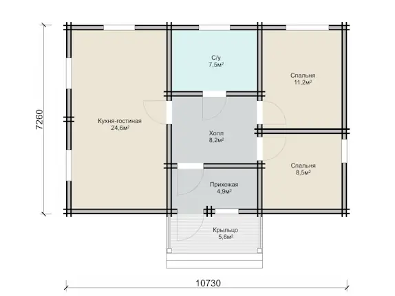Планировка: Дом 10,7 × 7,3 м, 2 спальни