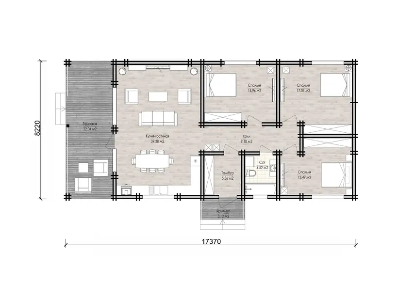Планировка: Коттедж 17,4 × 8,2 м, 3 спальни