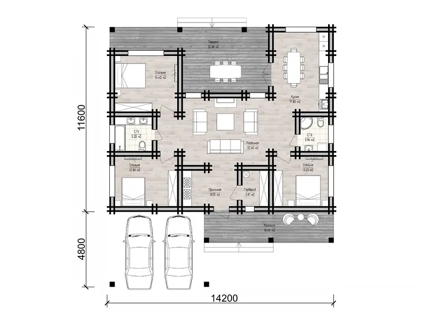 Планировка: Коттедж 14,2 × 16,4 м, 3 спальни