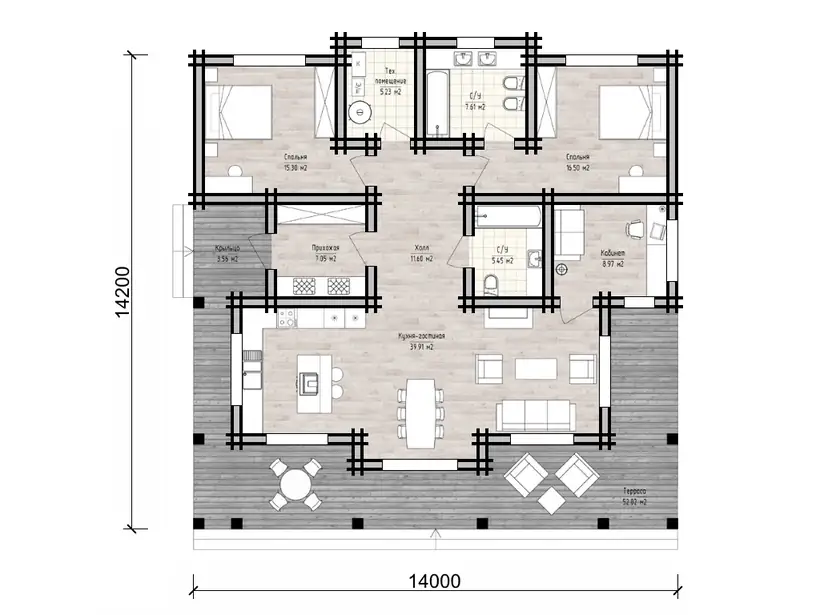 Планировка: Коттедж 14 × 14,2 м, 2 спальни