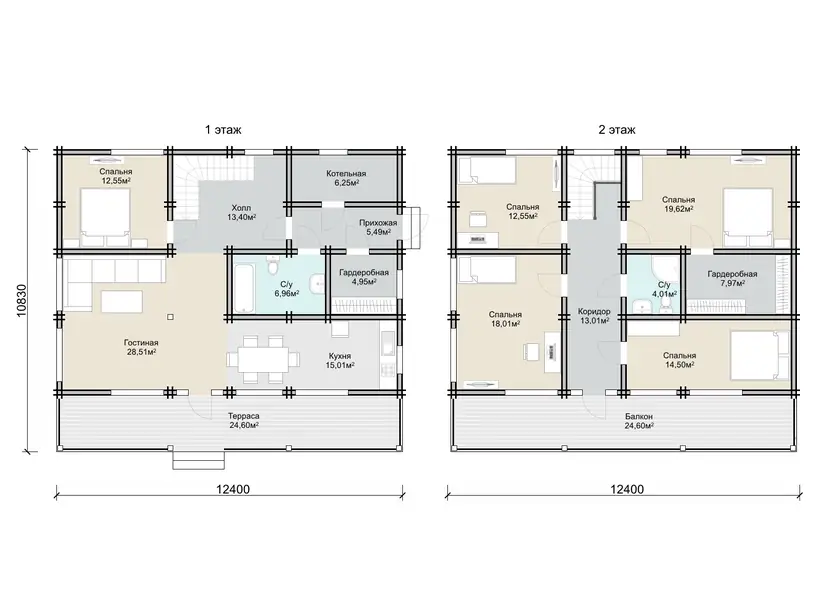 Планировка: Дом 12,4 × 10,8 м, 5 спален, 2 этажа