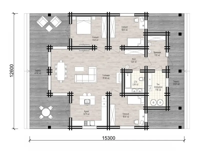 Планировка: Дом 15,3 × 12,6 м, 2 спальни